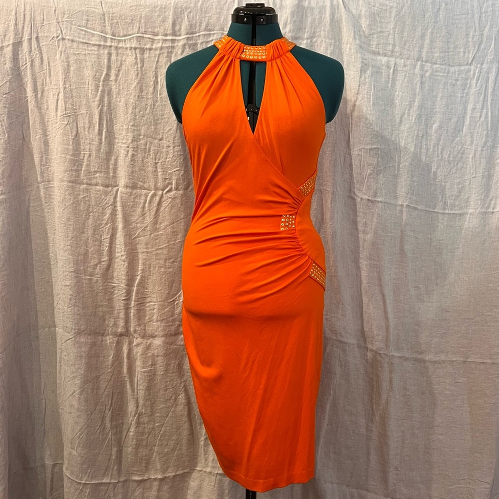 Cache Orange Halter Bodycon Cocktail Dress